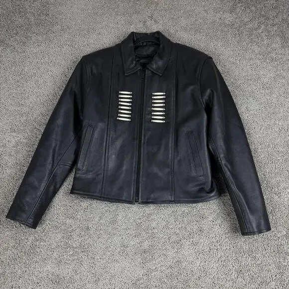 Jim Leather Jacket Womens Large Black Western Bone Bead Biker Motorcycle Zip - Picture 2 of 11